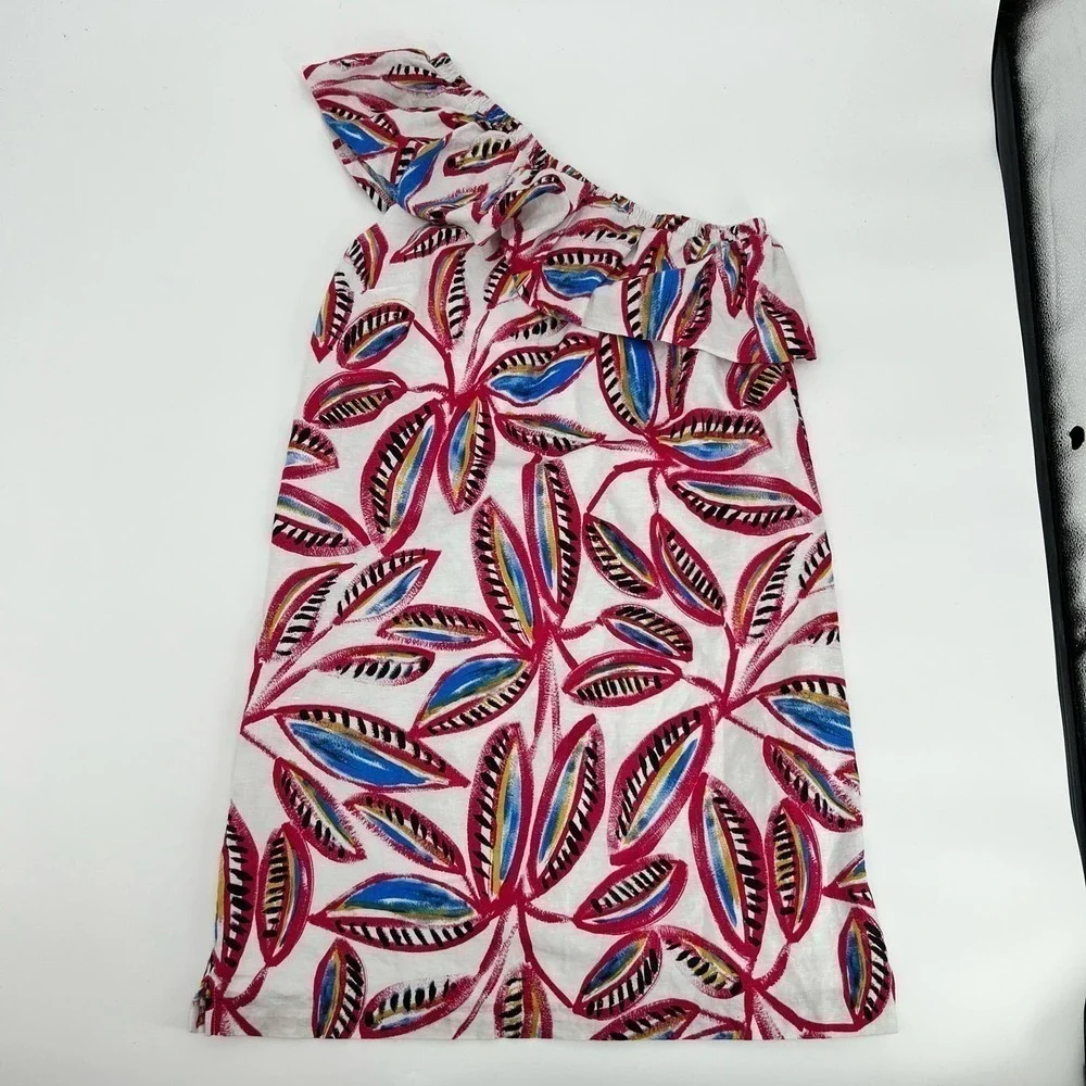 J Crew tropical leaf Floral One Shoulder Dress Ruffle Sleeveless J0954 hawaii XS